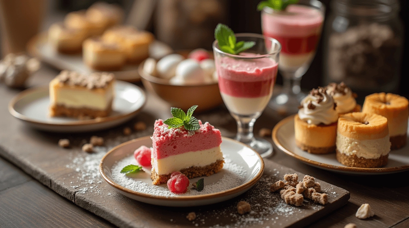 A beautifully arranged dessert table featuring parfaits, cheesecake slices, and truffles, garnished with mint leaves, chocolate shavings, and powdered sugar, under soft ambient lighting in a festive setting.