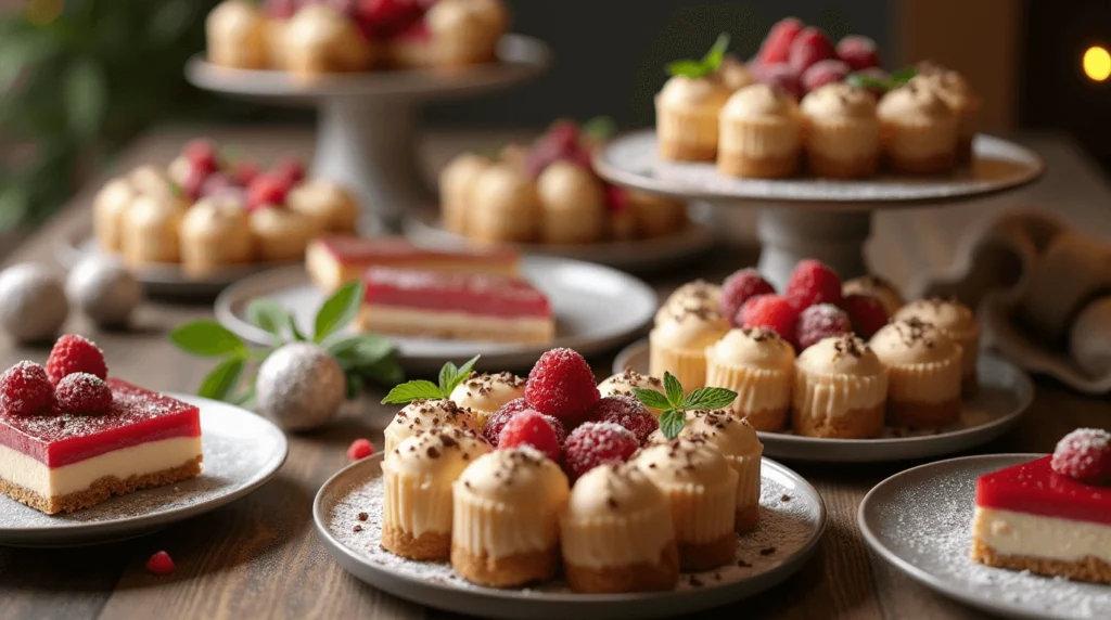 An elegant dessert table featuring parfaits, cheesecake slices, and truffles arranged on tiered stands and plates, garnished with mint leaves, chocolate shavings, and powdered sugar, illuminated by soft, ambient lighting in a festive setting.