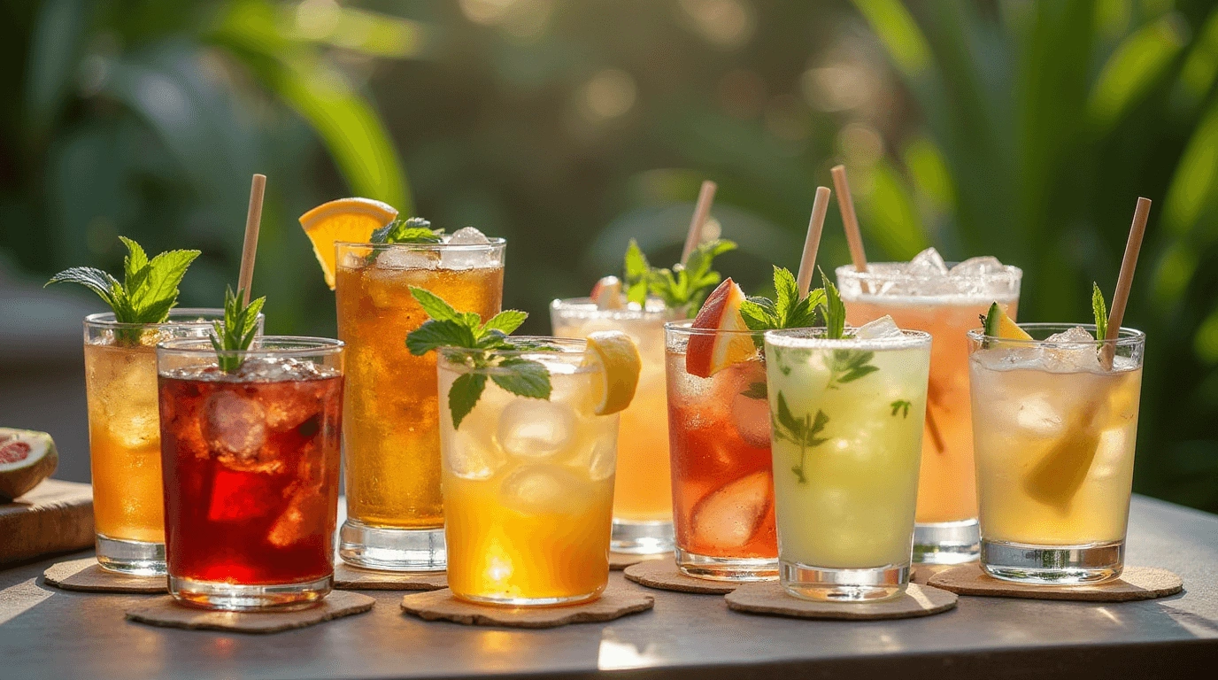 A colorful assortment of refreshing drinks in glasses, garnished with mint, citrus slices, and fruit, set outdoors with natural sunlight.