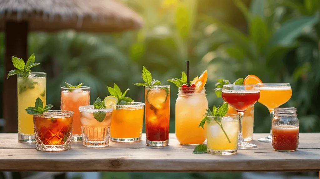 A beautifully set table showcasing a variety of colorful drinks in different types of glasses, garnished with fresh herbs, fruits, and ice, with a blurred tropical greenery backdrop.