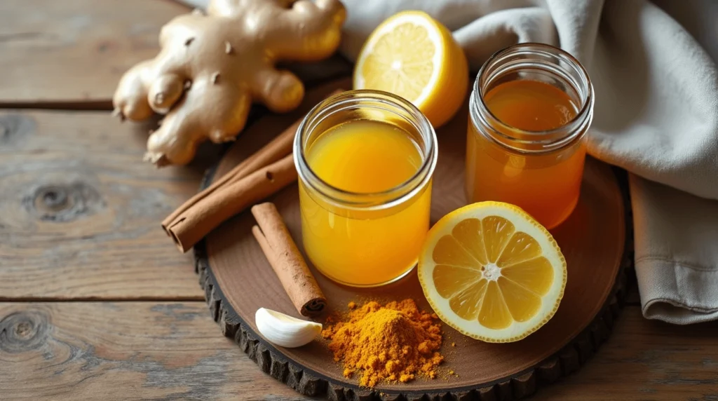 An overhead shot of fresh ginger, turmeric powder, lemon slices, cinnamon sticks, raw honey, and garlic arranged neatly on a wooden table.