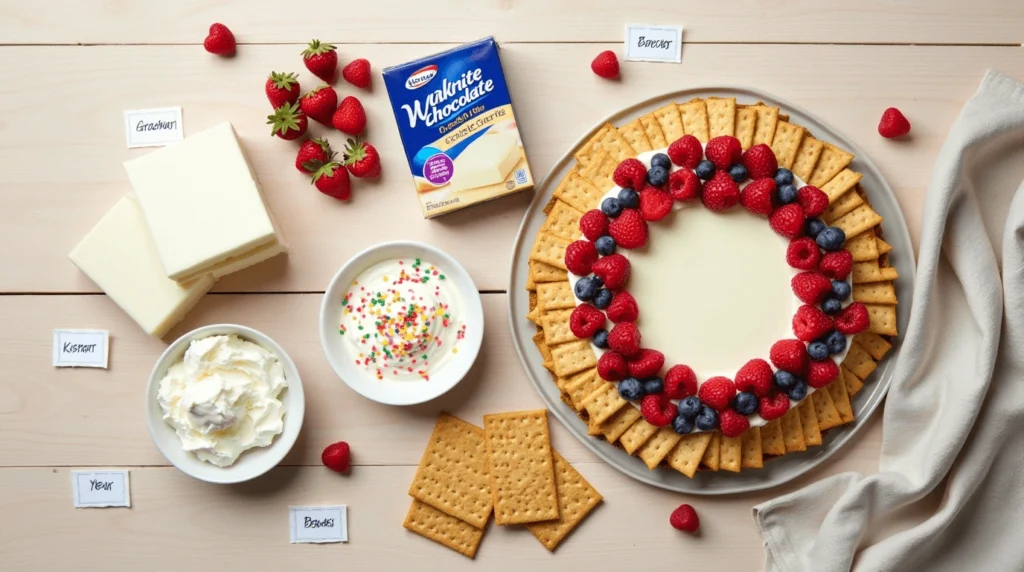 A flat lay of dessert recipe ingredients arranged neatly on a light wooden surface, including cream cheese blocks, white chocolate pudding mix, fresh berries, graham crackers, whipped cream, and decorative sprinkles, with labeled cards for clarity in natural lighting.