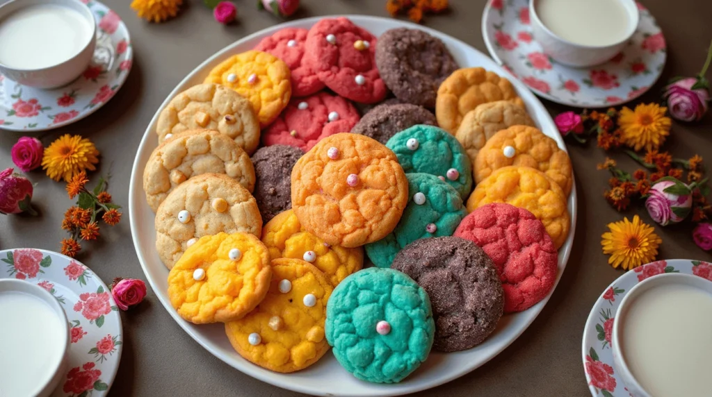 A colorful platter of cookies in various vibrant hues, such as yellow, red, teal, and brown, decorated with small edible pearls, surrounded by floral teacups filled with milk and fresh flowers.