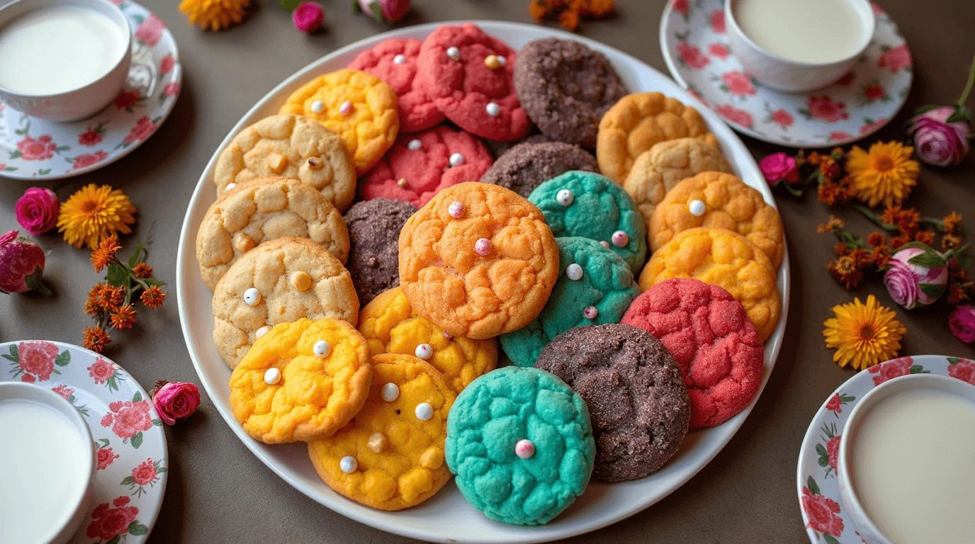 A colorful platter of cookies in various vibrant hues, such as yellow, red, teal, and brown, decorated with small edible pearls, surrounded by floral teacups filled with milk and fresh flowers.