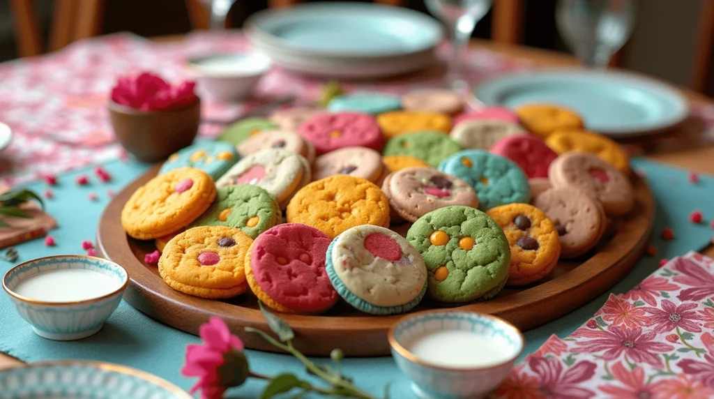 A colorful platter of vibrant cookies in various hues of yellow, pink, green, blue, and brown, adorned with candy and chocolate chips, set on a decorative table with floral-themed napkins, small bowls of milk, and elegant tableware.