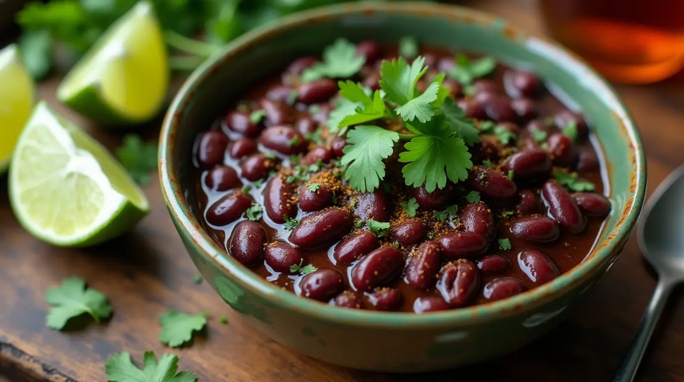 Bowl of Chipotle-style black beans garnished with cilantro and lime, placed on a wooden table.