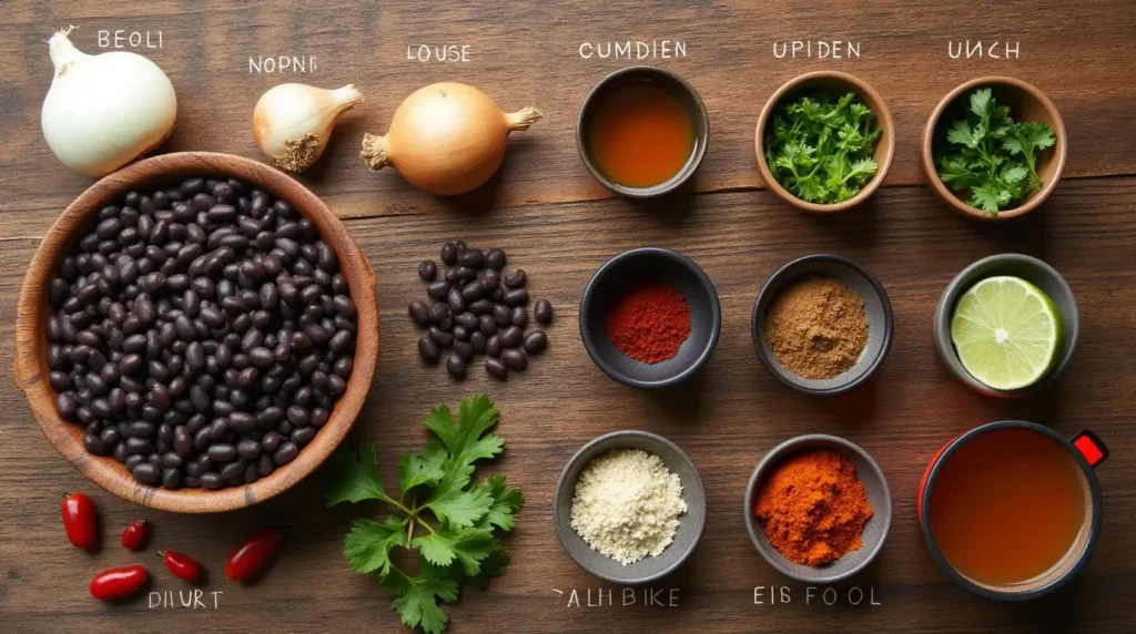 All ingredients for Chipotle-style black beans neatly arranged on a wooden surface, labeled for clarity.