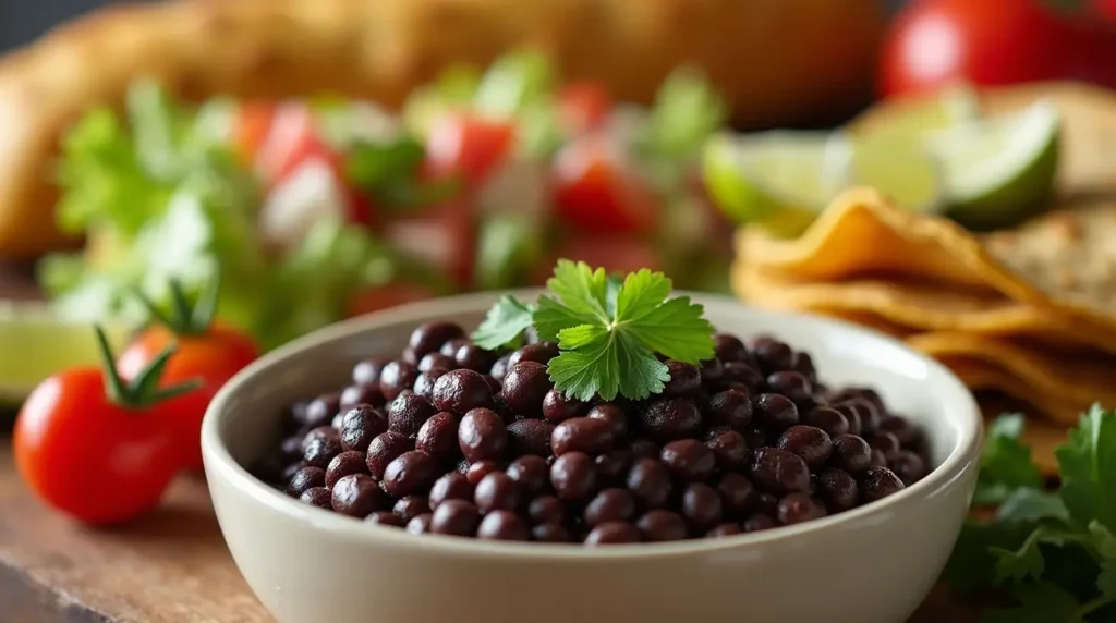 A vibrant meal featuring Chipotle-style black beans, tacos, and fresh sides like avocado and tomatoes.