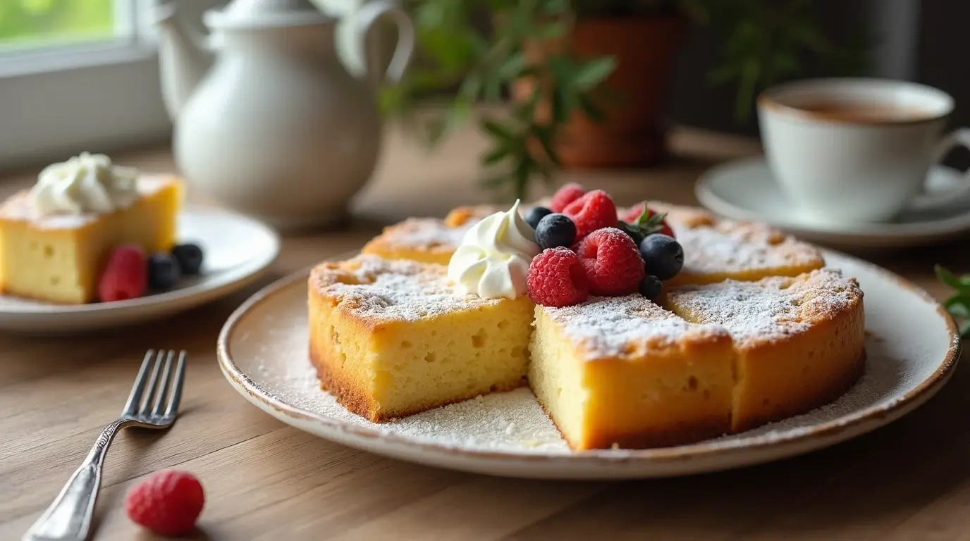 A beautifully presented vanilla sponge cake topped with powdered sugar, garnished with fresh raspberries, blueberries, and a dollop of whipped cream, placed on a wooden table alongside a cup of coffee and a side plate.