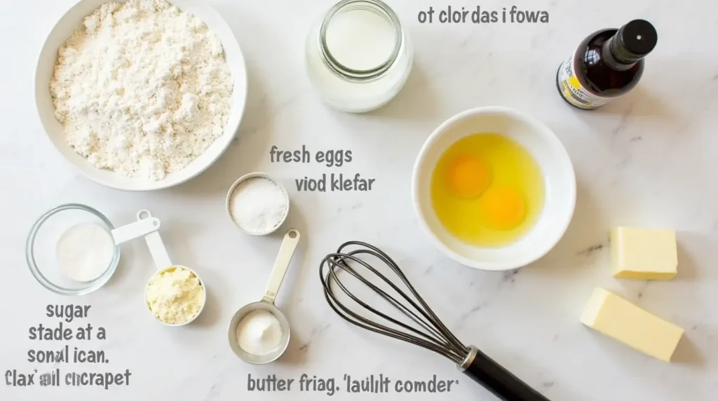 A collection of baking ingredients, including a bowl of flour, fresh eggs in a bowl, butter sticks, sugar in a jar, and vanilla extract, displayed on a white marble surface with a whisk and measuring spoons.