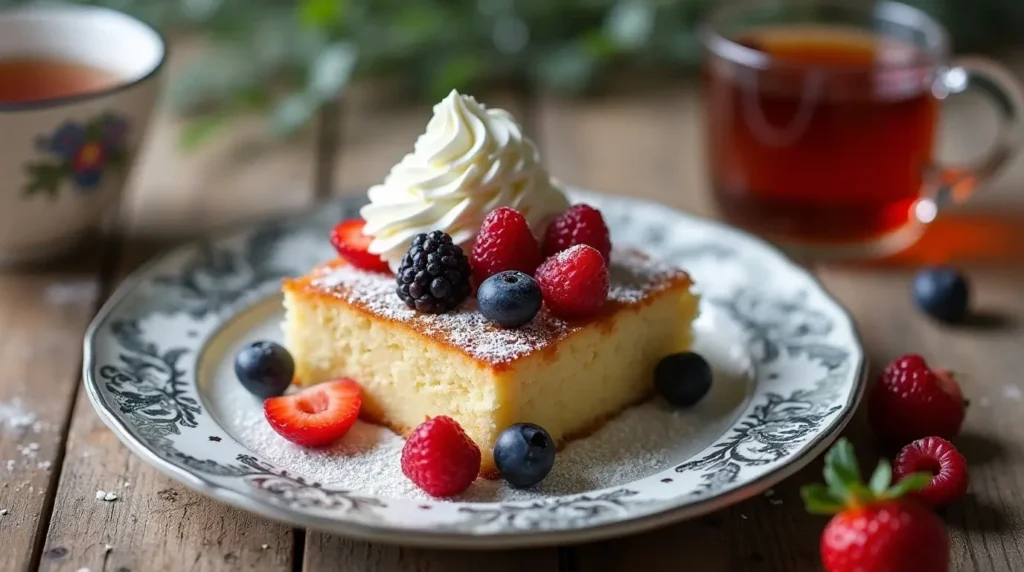 A slice of vanilla sponge cake topped with powdered sugar, whipped cream, and fresh berries, served on a decorative plate alongside a cup of tea on a wooden table.