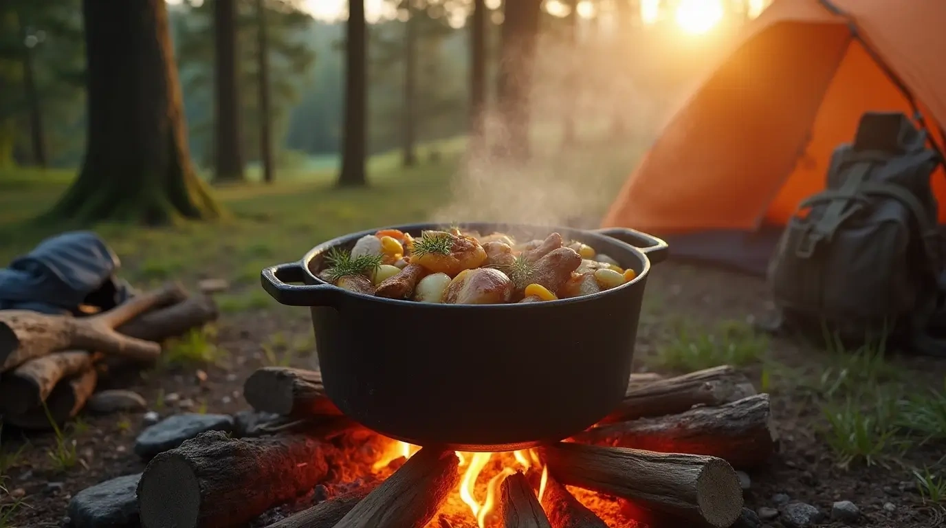 A black cooking pot filled with steaming stew, featuring vegetables and herbs, placed over a campfire in a forest setting with a tent and backpack in the background at sunset.