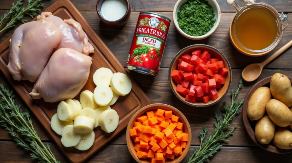 An assortment of fresh ingredients for a chicken stew recipe, including raw chicken breasts, sliced potatoes, diced carrots and red bell peppers, a can of diced tomatoes, fresh herbs, broth, and cream, neatly arranged on a wooden table.