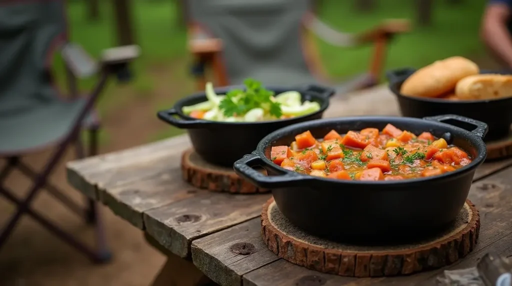 Two black cast-iron pots filled with freshly prepared vegetable stew and garnished with parsley, placed on rustic wooden coasters on an outdoor wooden table, with camping chairs and greenery in the background.