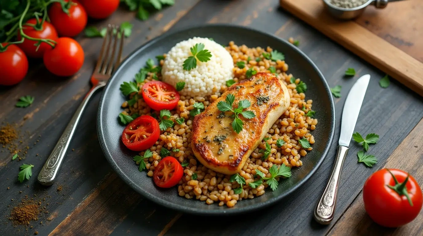 A vibrant top-down view of a plated dish featuring colorful vegetables, perfectly cooked protein, and grains on a rustic wooden table with scattered utensils.