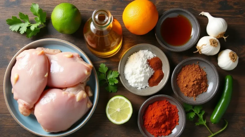 Ingredients for pollo loco recipe: chicken, lime, orange, garlic, soy sauce, chili powder, cumin, paprika, and jalapeño.