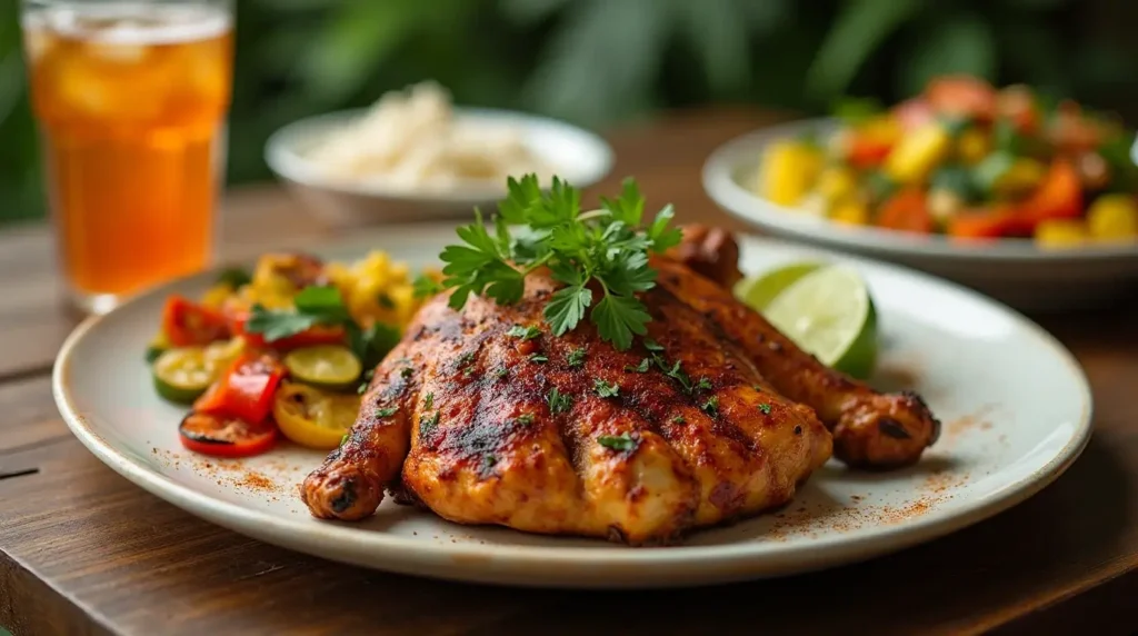 Pollo loco recipe chicken served with a side of roasted vegetables, rice, and a refreshing drink.