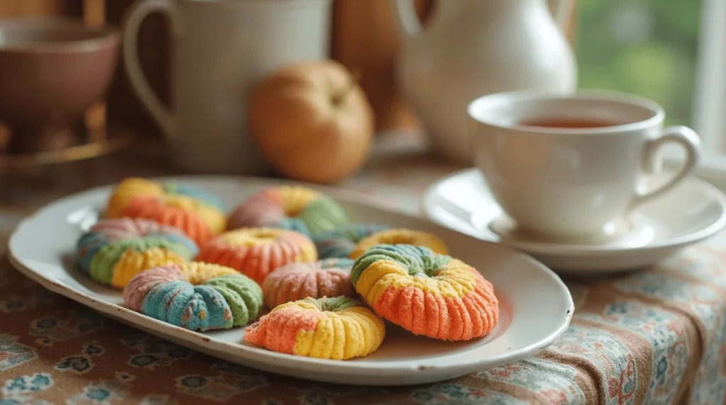  Rainbow cookies elegantly arranged on a tray with a cup of tea or coffee beside them.