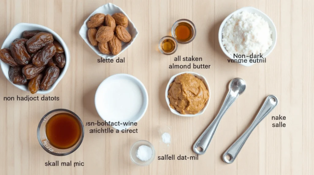 A flat-lay of date caramel ingredients including Medjool dates, almond butter, non-dairy milk, vanilla extract, sea salt, and measuring spoons arranged on a light wooden surface.
