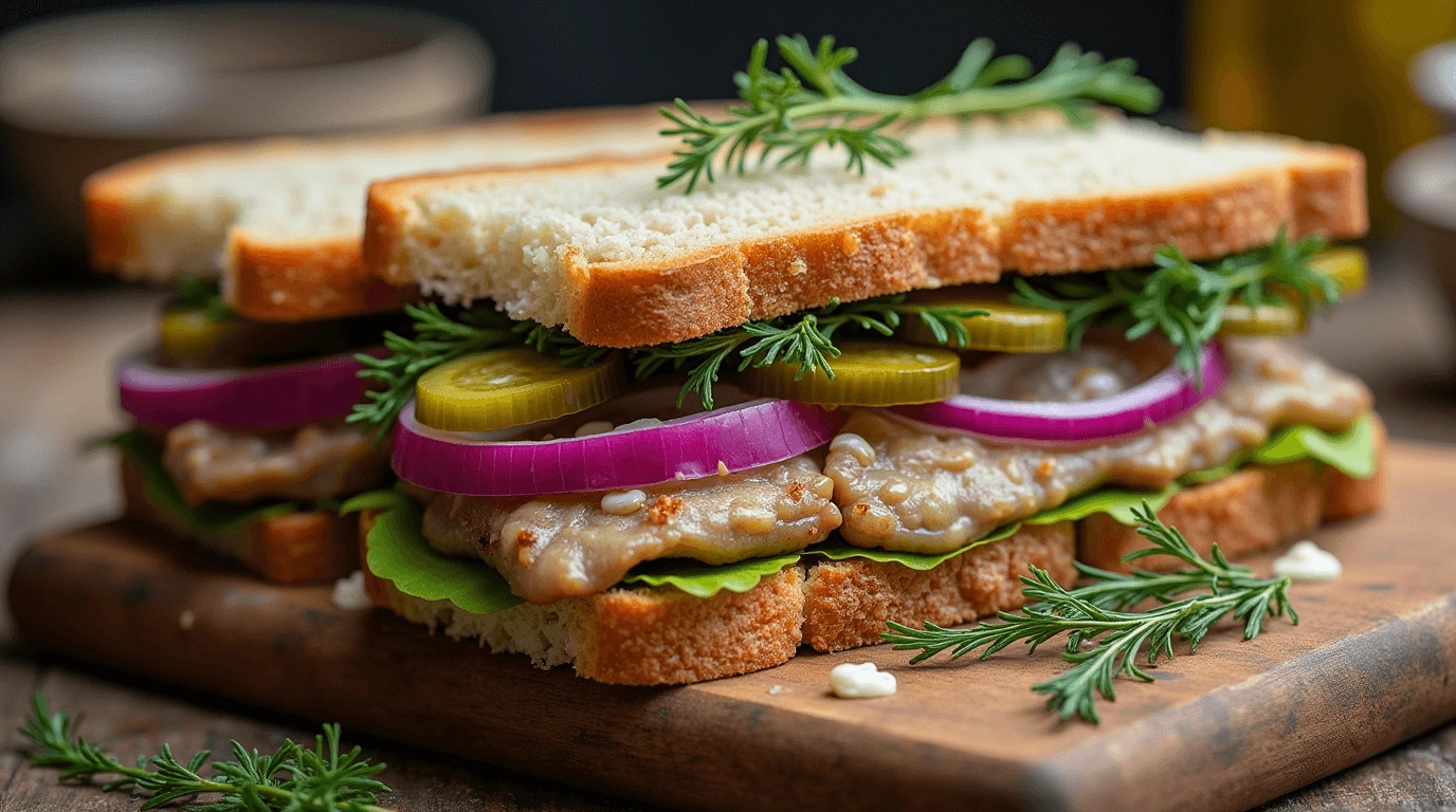 A close-up view of a sandwich made with fresh white bread, layered with pickled herring, sliced red onions, pickles, and fresh greens, garnished with sprigs of rosemary. The sandwich is displayed on a wooden board.