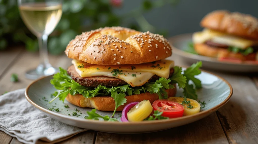 A gourmet burger served on a seeded bun, topped with fresh lettuce, melted cheese, and garnished with herbs. The plate includes colorful sliced tomatoes, pickled vegetables, and a glass of white wine in the background.