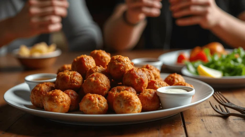 Plate of sausage balls served as appetizers with dipping sauces and a festive background.