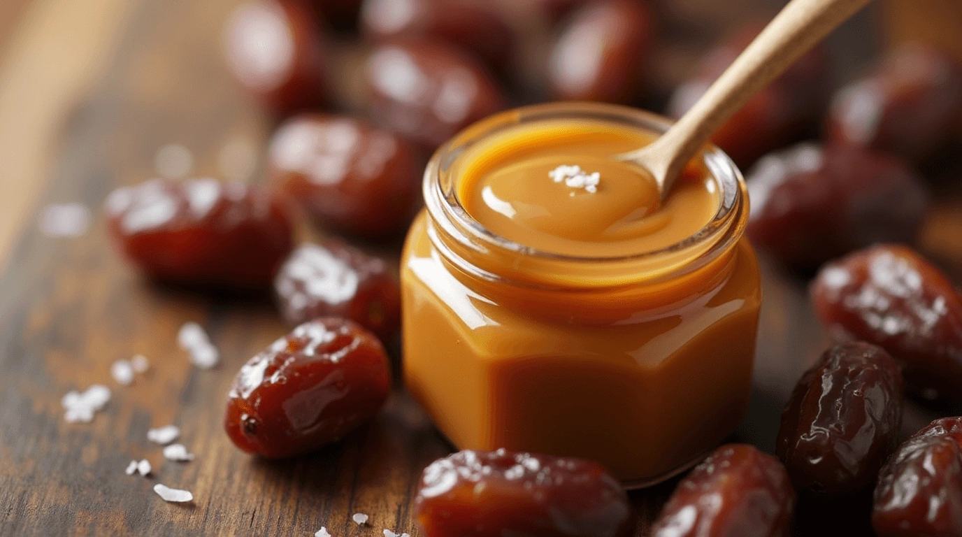 A small glass jar filled with creamy caramel sauce, garnished with a pinch of sea salt, surrounded by fresh Medjool dates on a wooden surface.