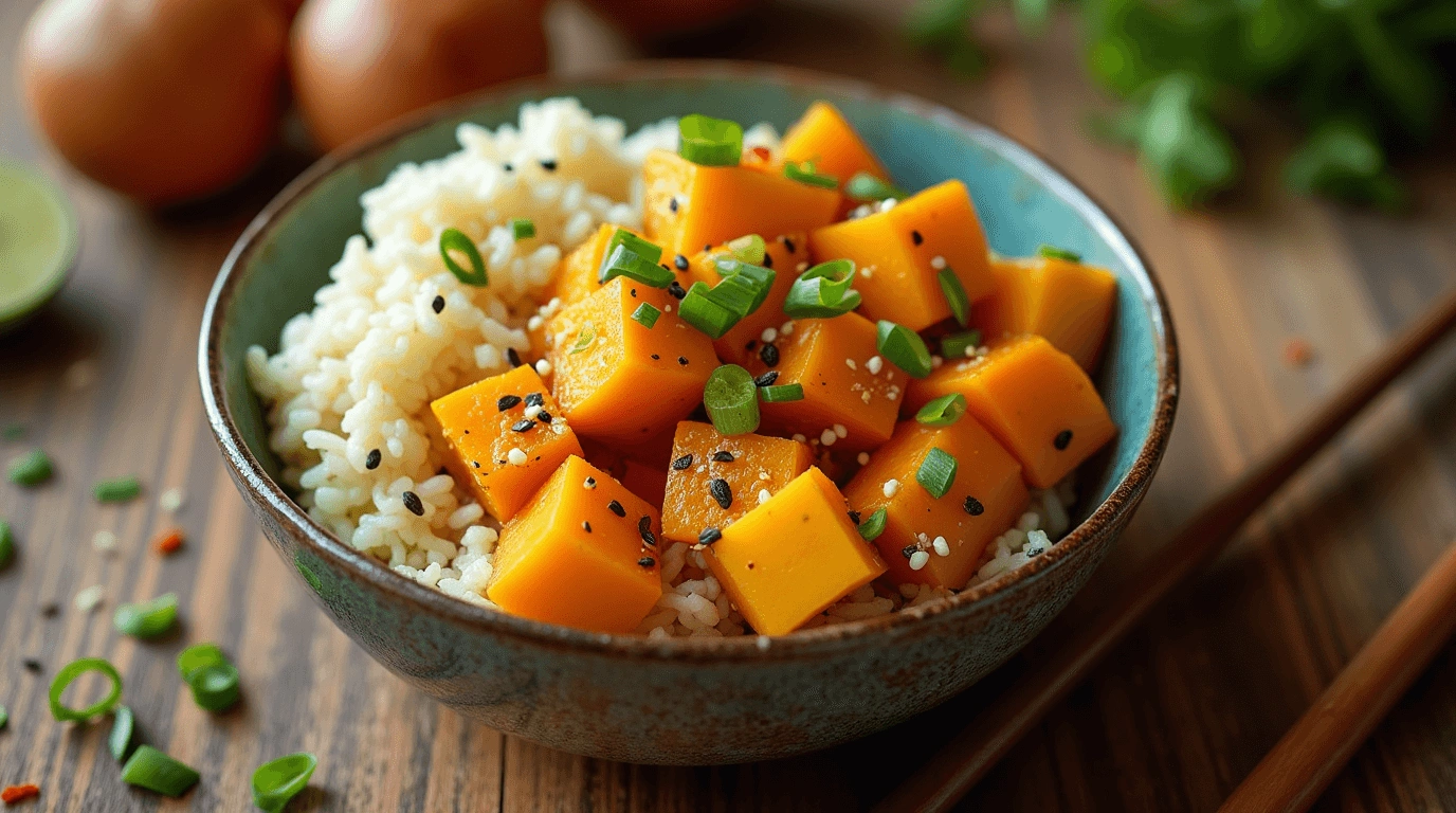 A bowl of steamed rice topped with vibrant orange cubes of kabocha squash, garnished with chopped green onions, black sesame seeds, and a sprinkle of seasoning.