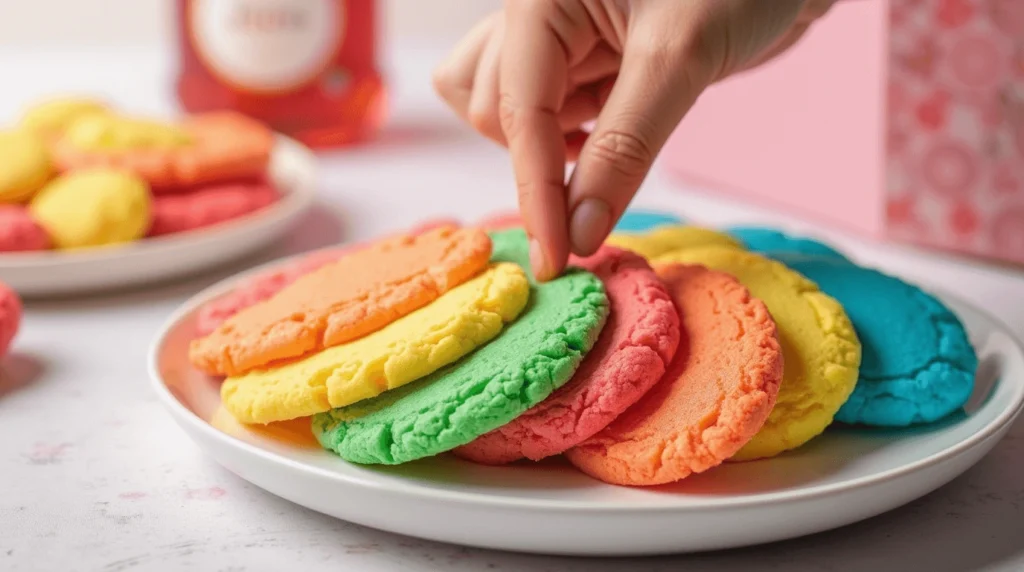 A close-up view of a plate of vibrant, colorful cookies in rainbow hues, including red, yellow, orange, green, and blue, with a hand gently picking one up. The scene is softly lit, creating a warm and inviting atmosphere.