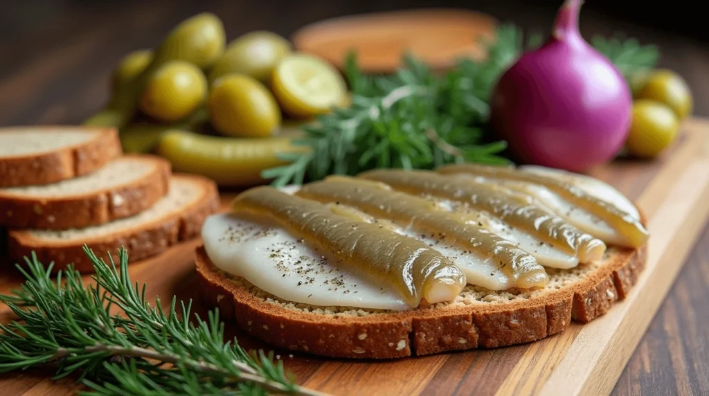 An open-faced sandwich featuring rye bread, topped with pickled herring fillets, thinly sliced onions, and a sprinkle of pepper. In the background, whole pickles, a red onion, and rosemary sprigs are artfully arranged on a wooden countertop.