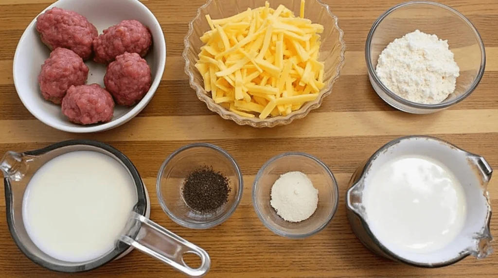 All ingredients for sausage balls laid out on a wooden countertop: ground sausage, shredded cheese, and seasonings.