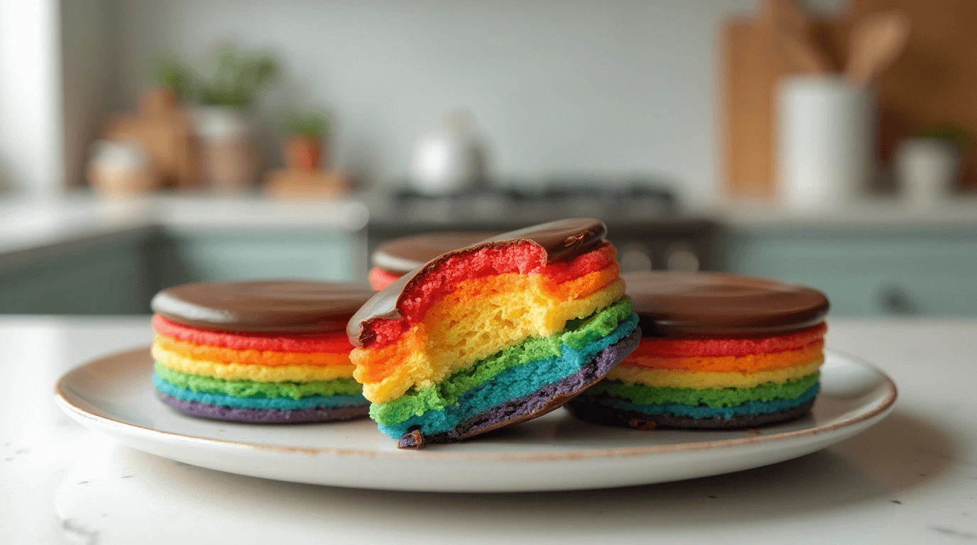 Colorful rainbow cookies with vibrant layers of red, green, yellow, and blue, topped with glossy chocolate, arranged on a plate.