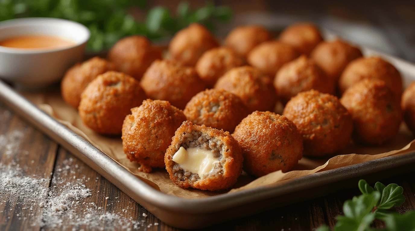 Golden-brown sausage balls on a baking sheet with melted cheese inside, served with a dipping sauce in a cozy kitchen setting.
