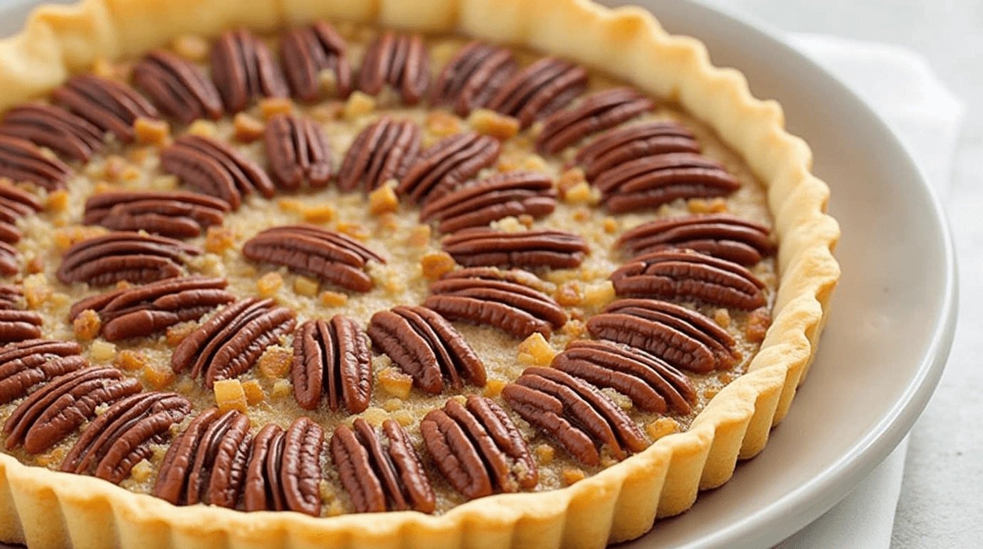 Apple and pecan tart with a golden-brown crust, sliced apples, and crunchy pecans on top, served on a rustic ceramic plate.