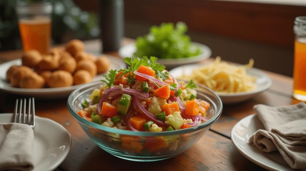 Cebolla ensalada served alongside grilled chicken and tacos in a cozy dining setting.

