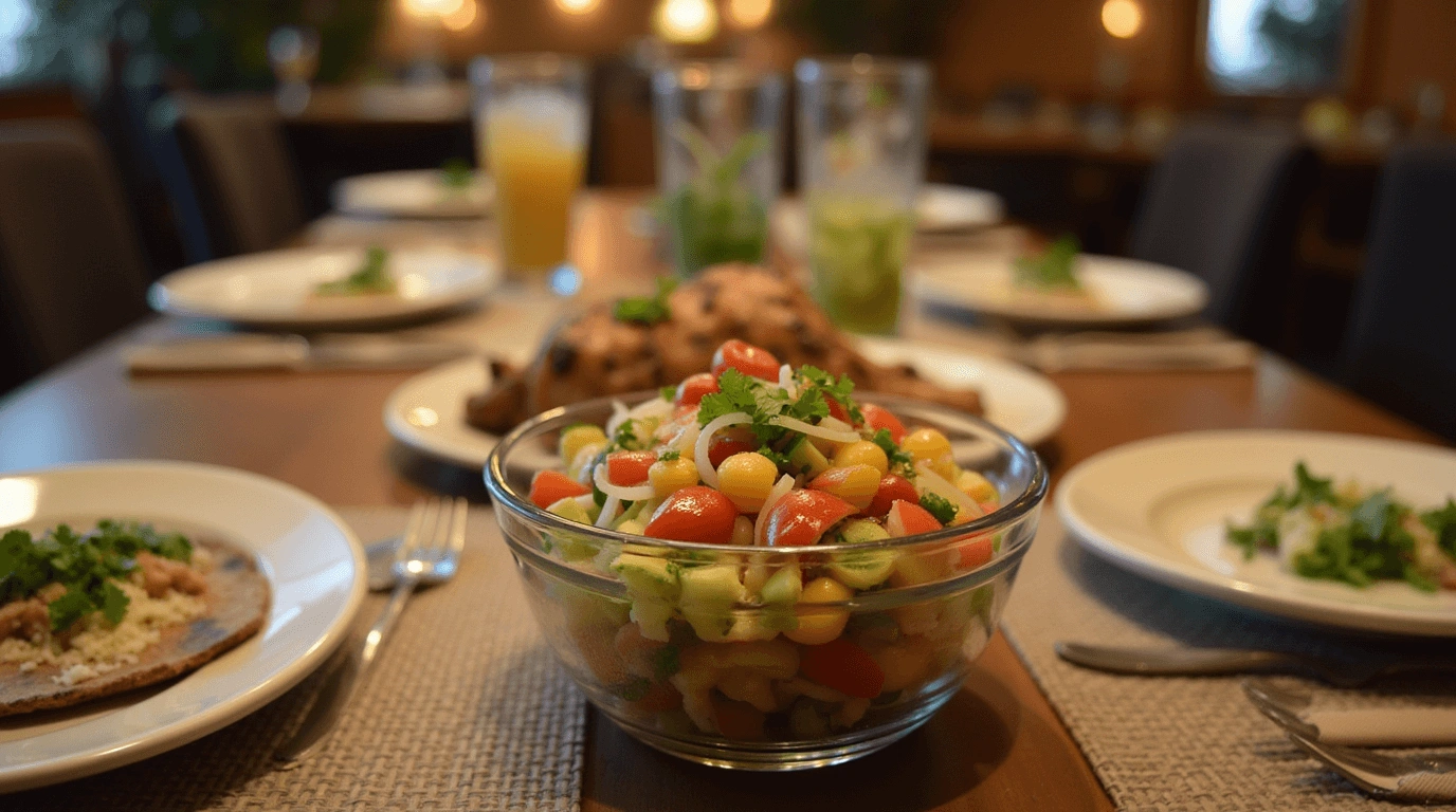Fresh cebolla ensalada recipe with red onions, cucumber, tomatoes, and cilantro in a light olive oil and lime dressing.