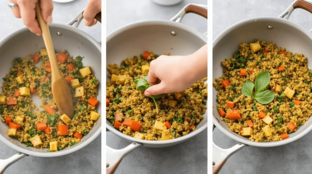 A chef sautéing vegetables in a skillet and adding quinoa to the pan for the Justalittlebite recipe.
