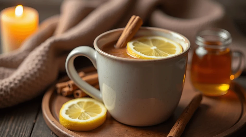 A cozy mug of a warm drink garnished with a slice of lemon and a cinnamon stick, placed on a wooden tray with a small jar of honey in the background and a glowing candle adding a warm ambiance.