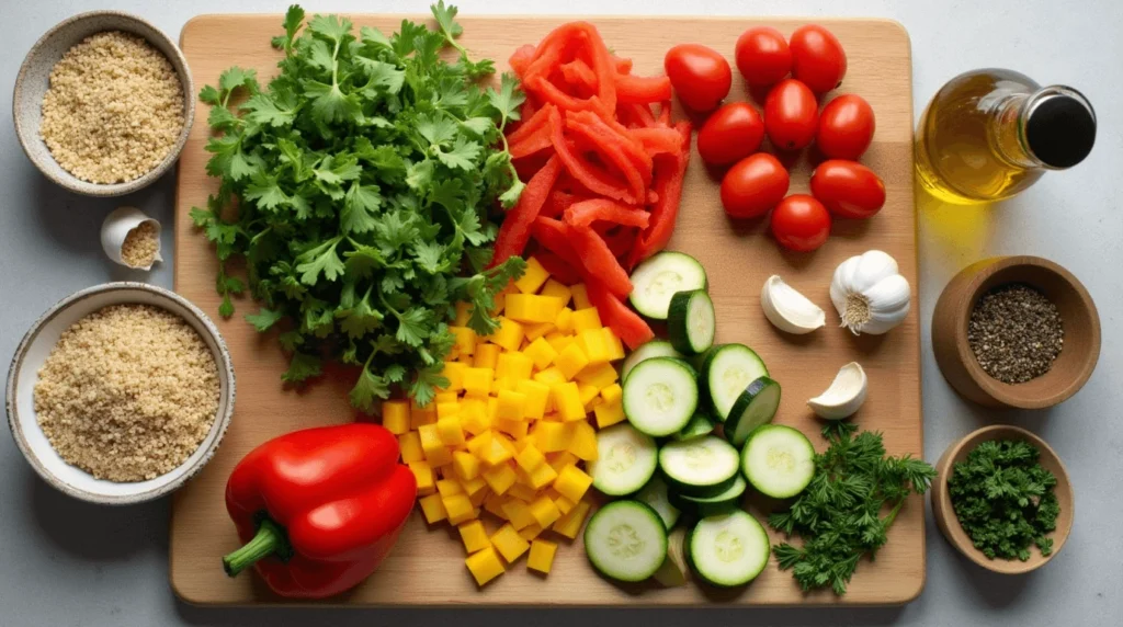 An overhead shot of fresh ingredients for the recipe laid on a wooden cutting board, including bell peppers, zucchini, cherry tomatoes, and quinoa.