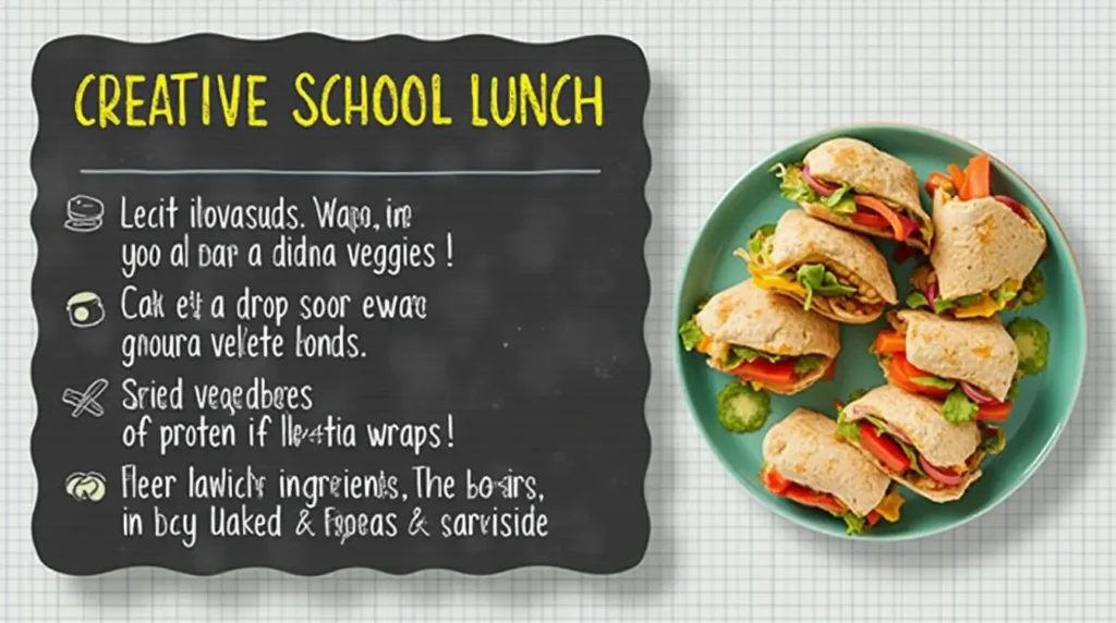 Creative variations for school lunches, including wraps with hummus, avocado, and tofu.