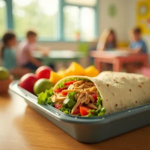 Assorted healthy school lunch options, including vegetable salad, whole grain wraps, and fresh fruit cups.