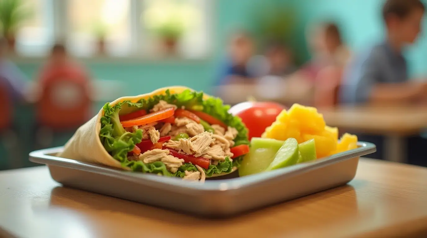 Healthy school lunch wrap with shredded chicken, fresh veggies, and a side of fruit packed in a lunchbox.