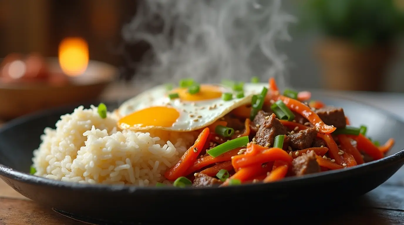 Sizzling pepper lunch with stir-fried vegetables, protein, and rice on a cast-iron plate, topped with a fried egg and garnished with green onions and sesame seeds.