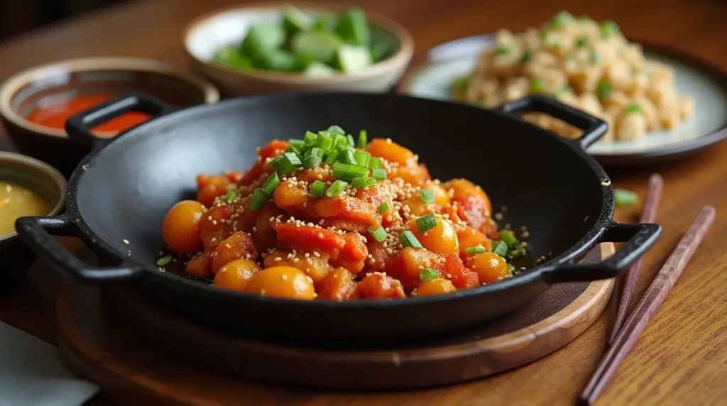 A beautifully plated pepper lunch with garnishes, accompanied by sides like salad, soup, and a beverage.
