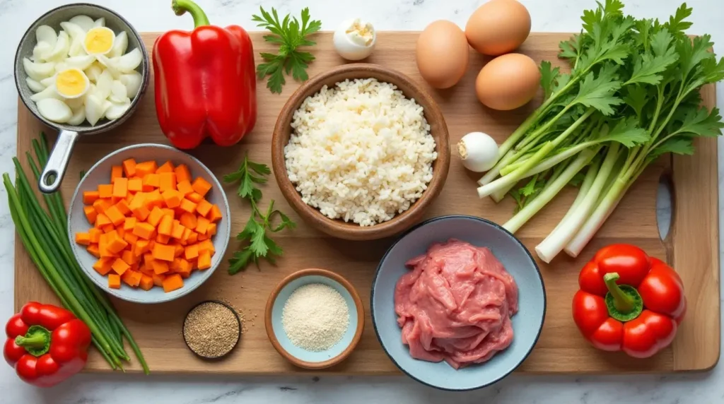  A neat arrangement of pepper lunch ingredients on a kitchen counter: sliced bell peppers, onions, chicken, rice, and seasonings.