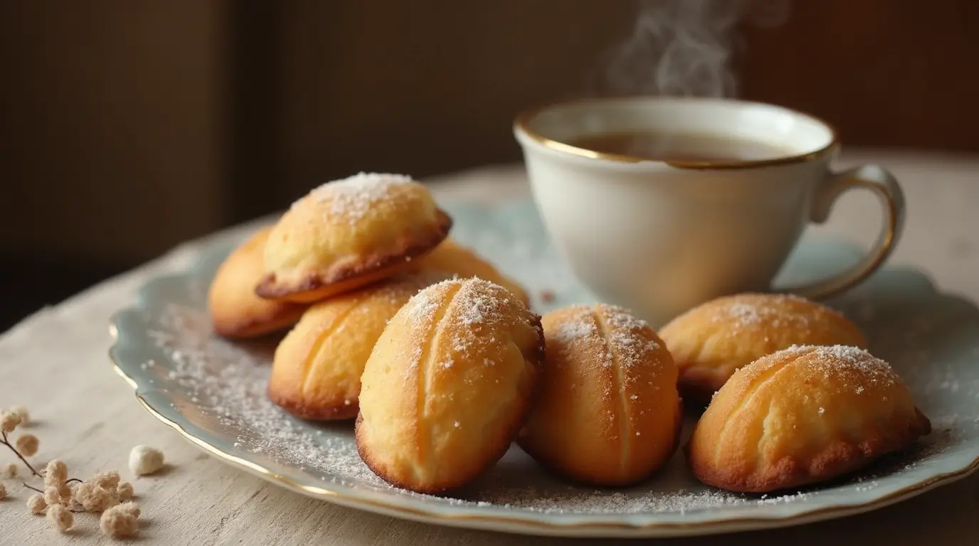 Freshly baked madeline cookies with a golden-brown finish, served with a cup of tea in a cozy setting.