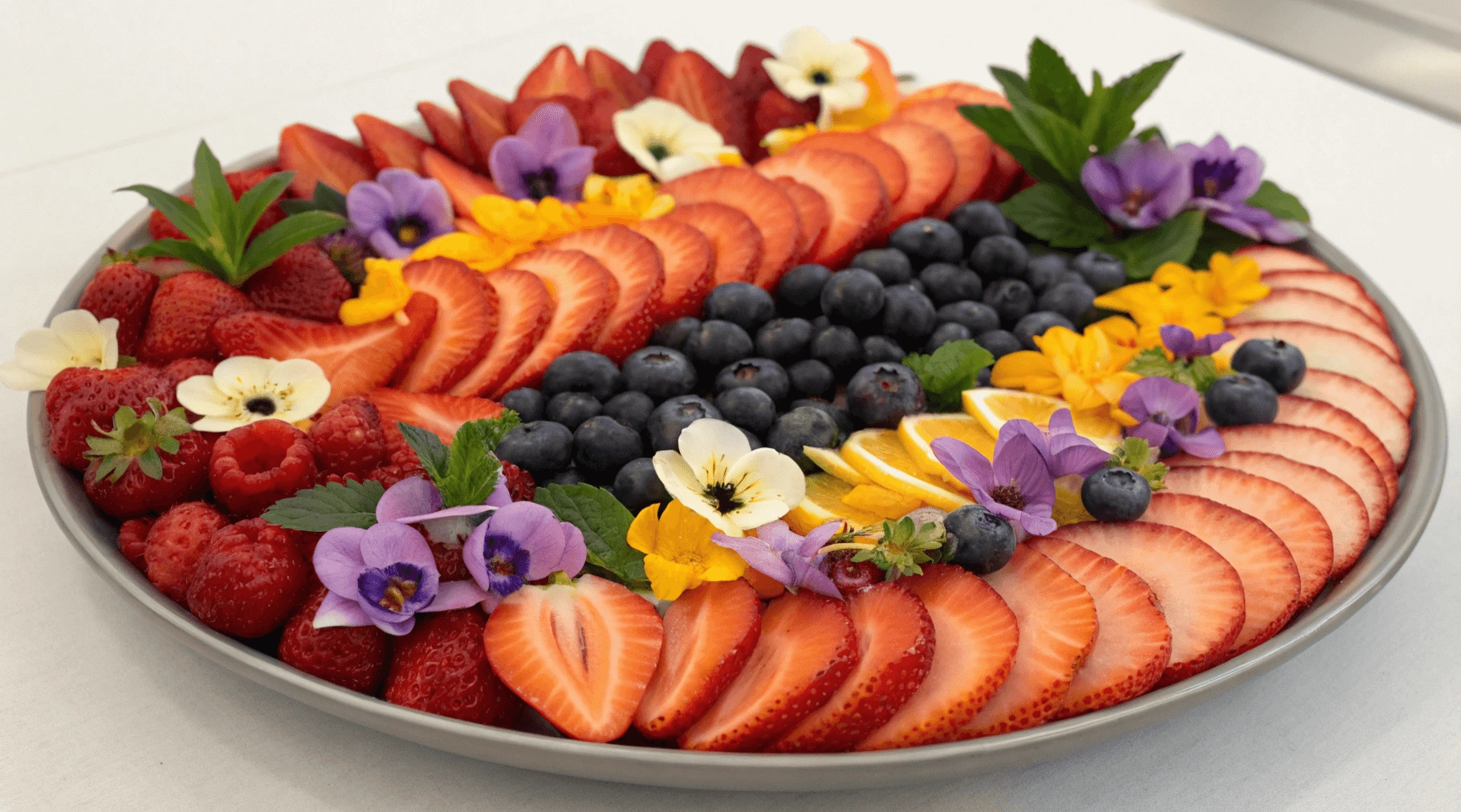 A vibrant serving platter showcasing a colorful arrangement of sliced strawberries, whole blueberries, and fresh edible flowers.