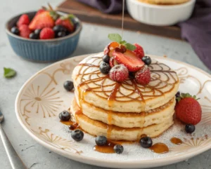 A stack of sweet crunchy cobweb pancakes topped with syrup and berries.