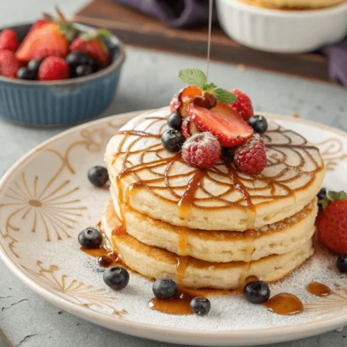 A stack of sweet crunchy cobweb pancakes topped with syrup and berries.