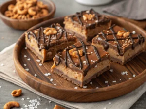 Finished Chocolate Caramel Peanut Butter Pretzel Bars cut into squares and garnished.